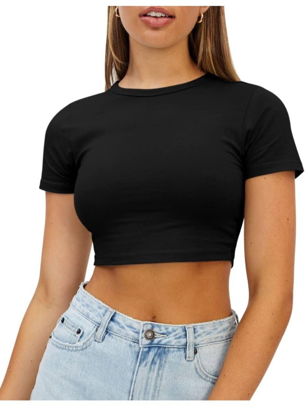 Women's Black Summer Crew Neck Basic Tees Slim Fit Trendy Short Sleeve Crop Tops